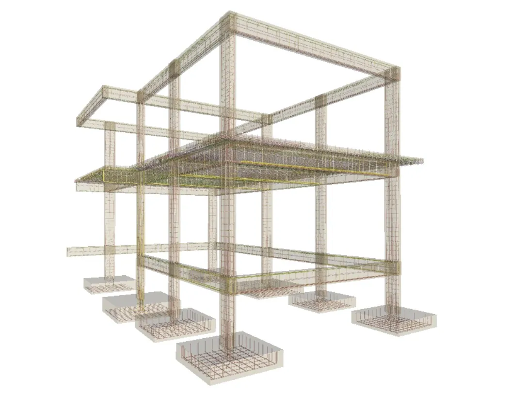 Modelo tridimensional de la armadura de hormigón de una estructura, con columnas, vigas y zapatas